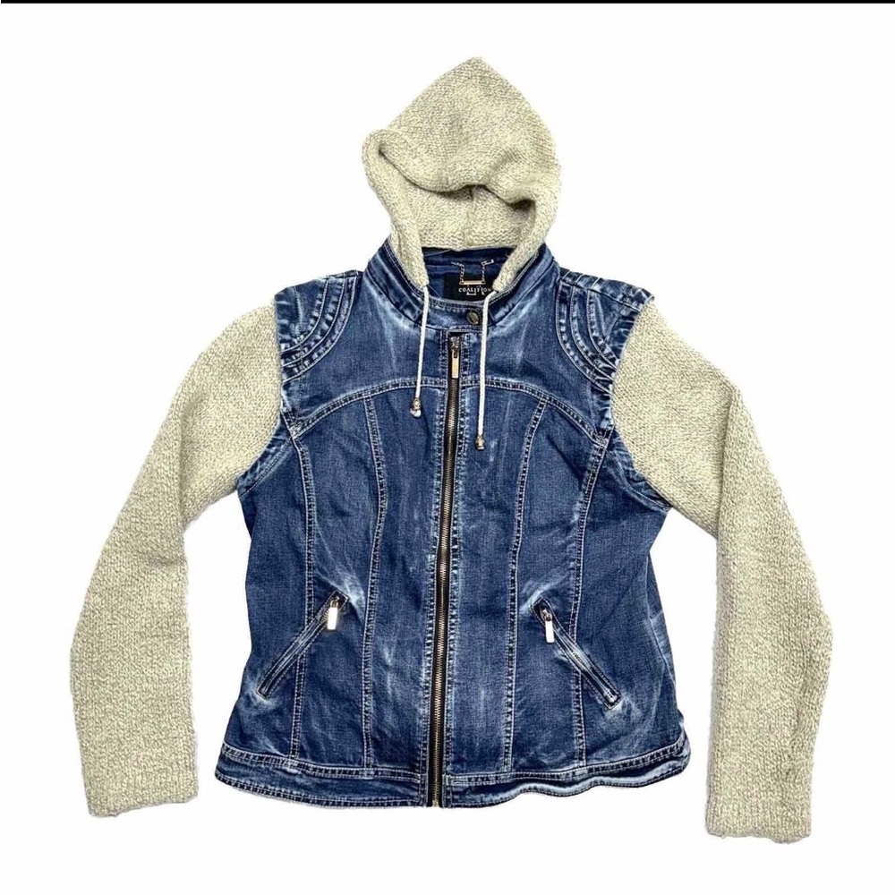 LA Coalition Denim & Knit Hooded Long Sleeve Jacket Full Zip Medium